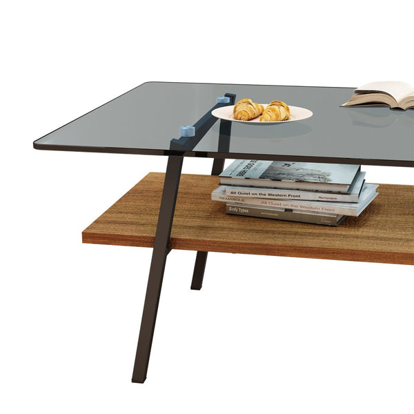 English Elm Rectangle Tempered Glass Coffee Table with Black Iron Legs and Mdf Shelf Modern W241126034