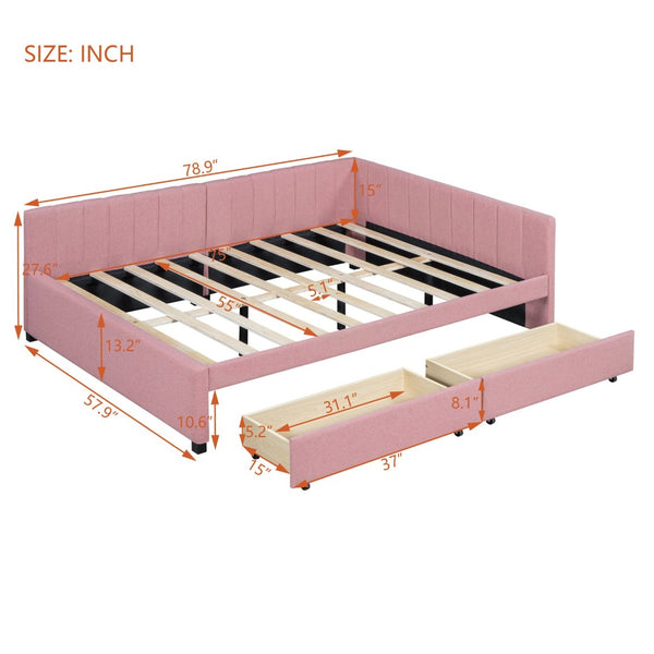 English Elm Full Size Linen Upholstered Daybed with Storage Drawers for Guest Room Studio Pink LP000172AAH