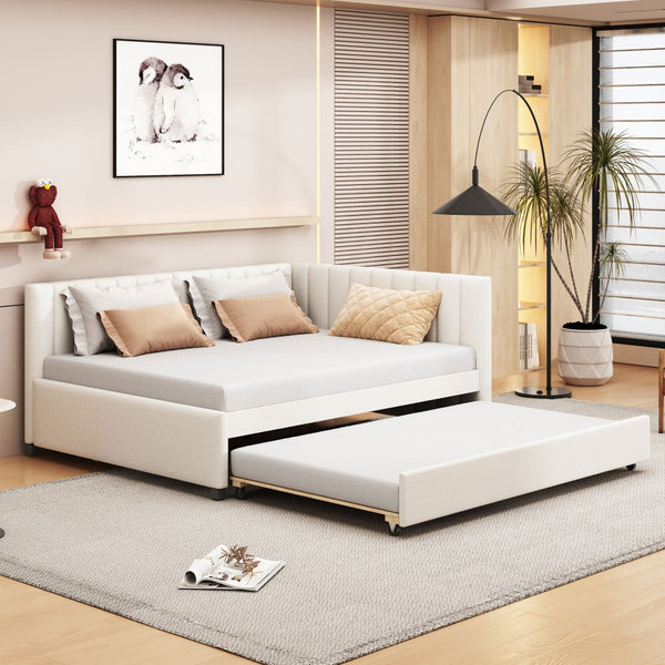 English Elm Full Size Linen Upholstered Daybed with Roll Out Trundle for Guest Rooms LP000173AAA
