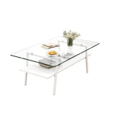 Hearth and Haven Rectangle Coffee Table, Tempered Glass Tabletop with White Metal Legs, Modern Table For Living Room Glass W241126032