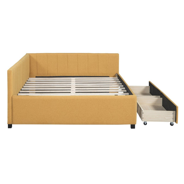 English Elm Full Size Linen Upholstered Daybed with Storage Drawers Sofa Bed for Guest Rooms Yellow LP000172AAL-1