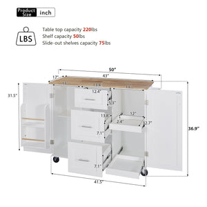 English Elm K&K Rolling Kitchen Island with Rubber Wood Top, 3 Drawers, Slide-Out Shelves & Locking Wheels for Organized Culinary Storage and Mobility White WF316599AAW