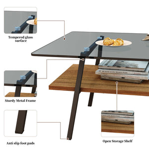 English Elm Rectangle Tempered Glass Coffee Table with Black Iron Legs and Mdf Shelf Modern W241126034