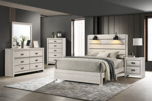 English Elm 1pc Rustic Style Butcher Block Finish Queen Size Bed with Weathered Finish, Detailed Trim, Sturdy Frame Antique White 77.32 L x 38.31 W x 11.2 H B011P230854