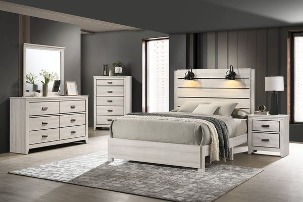 English Elm 1pc Rustic Style Butcher Block Finish Queen Size Bed with Weathered Finish, Detailed Trim, Sturdy Frame Antique White 77.32 L x 38.31 W x 11.2 H B011P230854