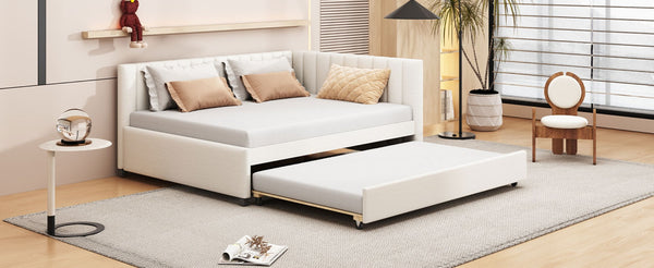 English Elm Full Size Linen Upholstered Daybed with Roll Out Trundle for Guest Rooms LP000173AAA