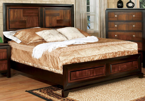 English Elm Transitional Acacia Parquet Queen Bed with Walnut Tone, Solid Wood Frame, Chrome Knob Accents B011S00716