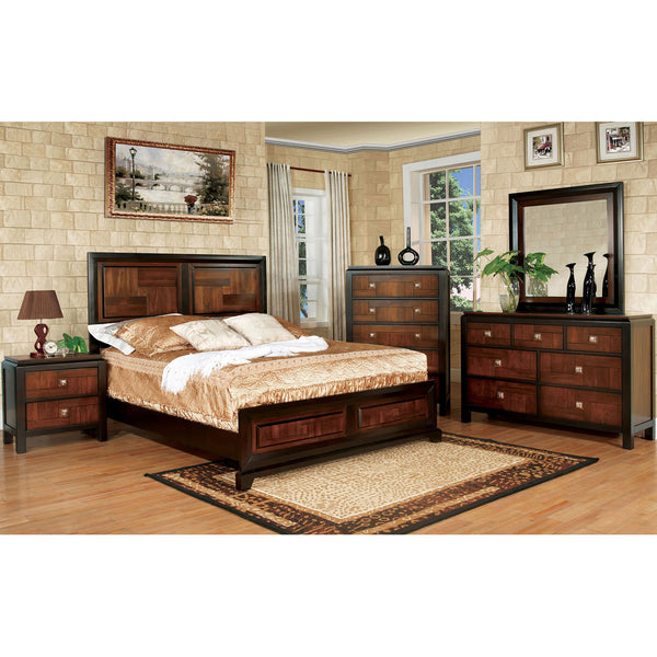 English Elm Transitional Acacia Parquet Queen Bed with Walnut Tone, Solid Wood Frame, Chrome Knob Accents B011S00716