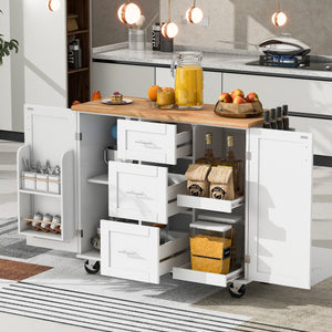 English Elm K&K Rolling Kitchen Island with Rubber Wood Top, 3 Drawers, Slide-Out Shelves & Locking Wheels for Organized Culinary Storage and Mobility White WF316599AAW