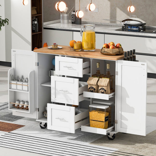 English Elm K&K Rolling Kitchen Island with Rubber Wood Top, 3 Drawers, Slide-Out Shelves & Locking Wheels for Organized Culinary Storage and Mobility White WF316599AAW