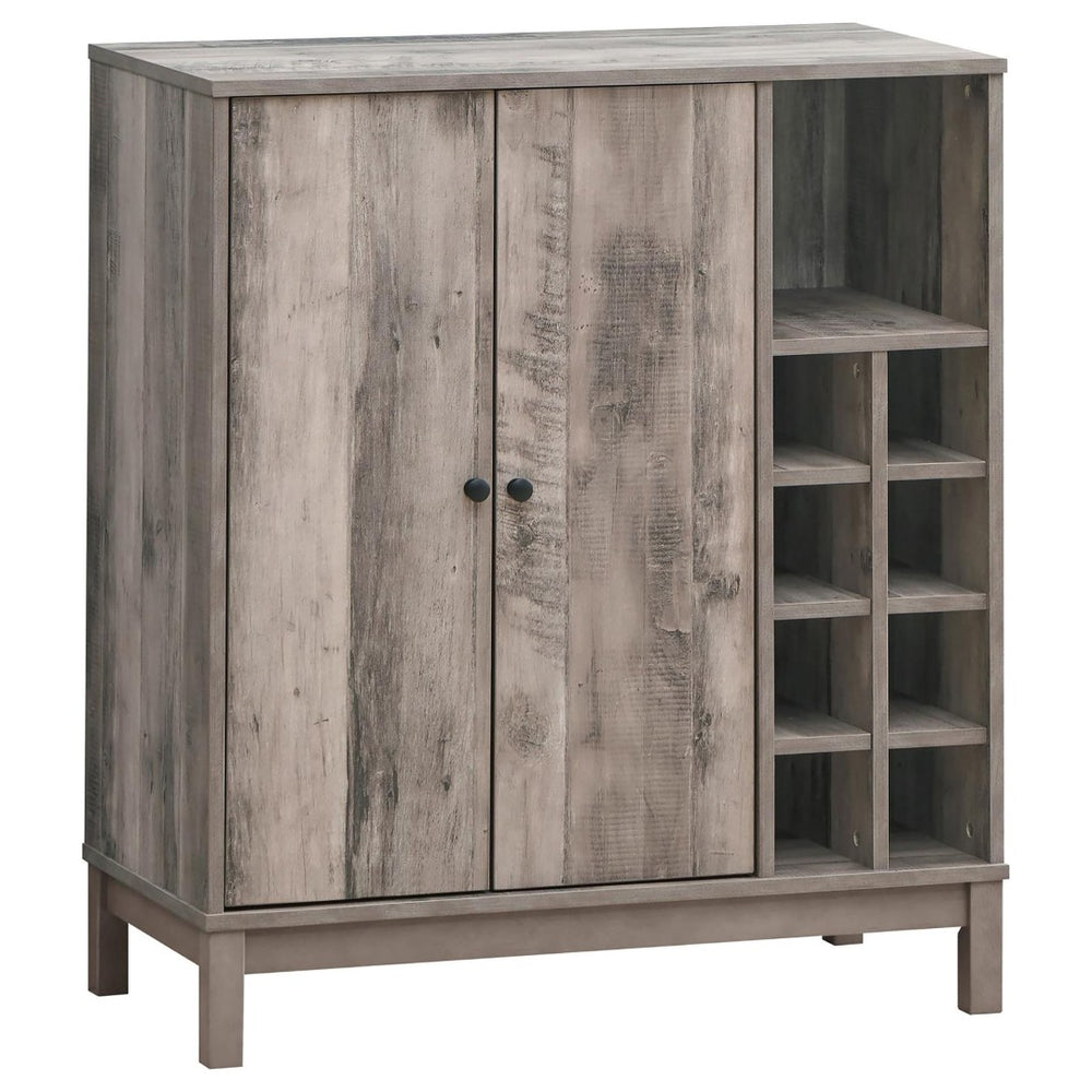 English Elm Weathered Acacia Wine Cabinet with Open Cubbies Stemware Racks and Matte Black Pulls B062P153898