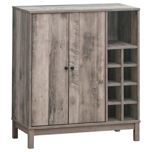English Elm Weathered Acacia Wine Cabinet with Open Cubbies Stemware Racks and Matte Black Pulls B062P153898