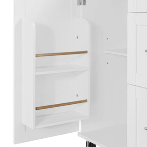 English Elm K&K Rolling Kitchen Island with Rubber Wood Top, 3 Drawers, Slide-Out Shelves & Locking Wheels for Organized Culinary Storage and Mobility White WF316599AAW