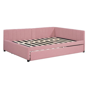 English Elm Full Size Linen Upholstered Daybed with Pull Out Trundle Sofa Frame for Bedroom Pink LP000173AAH-1