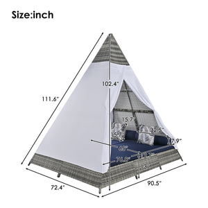 English Elm GO Pyramid Sunbed Outdoor Daybed With Zippered Cushions, Curtains For Privacy & Sun Protection Blue+Grey FG201220AAC