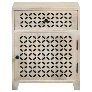 English Elm White Washed Mango Wood Accent Cabinet with Lattice Door, Drawer & Black Metal Hardware, Eco-Friendly Storage (22"H x 18"W x 14"D) B062P153881