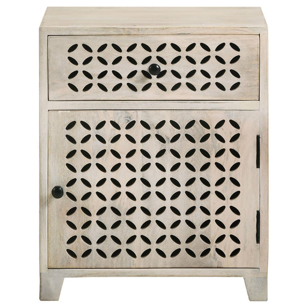 English Elm White Washed Mango Wood Accent Cabinet with Lattice Door, Drawer & Black Metal Hardware, Eco-Friendly Storage (22"H x 18"W x 14"D) B062P153881