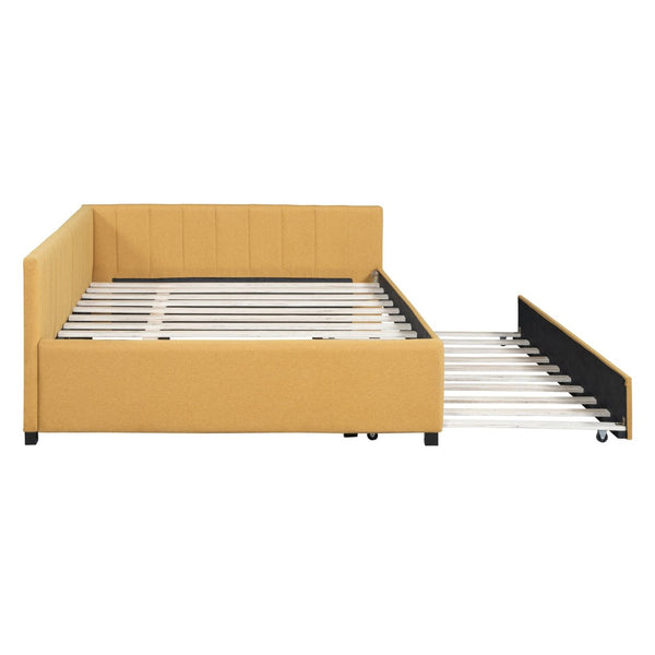 English Elm Full Size Linen Upholstered Daybed with Roll Out Trundle for Guest Rooms Yellow LP000173AAL