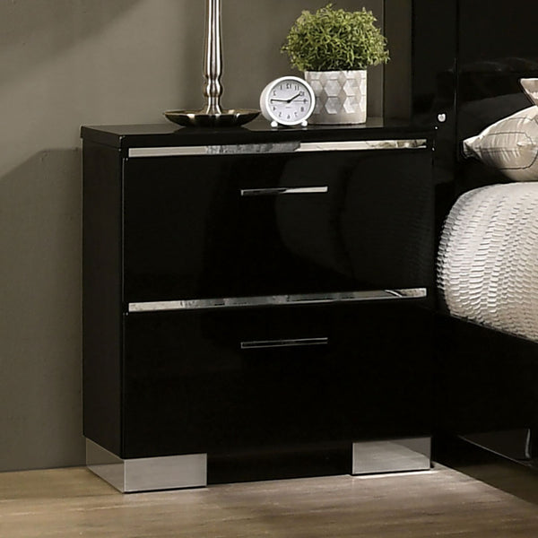 English Elm Contemporary high gloss lacquer nightstand with chrome accents, felt drawer, USB charging port, sleek modern bedside storage Black 27 L x 19 W x 31 H B011P155870