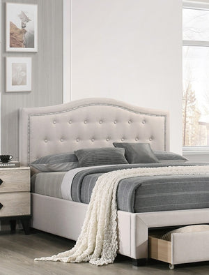 English Elm Light Burlap Upholstered Full Bed with Tufted Arch Headboard and Footboard Storage Drawer Light Brown B011S00709