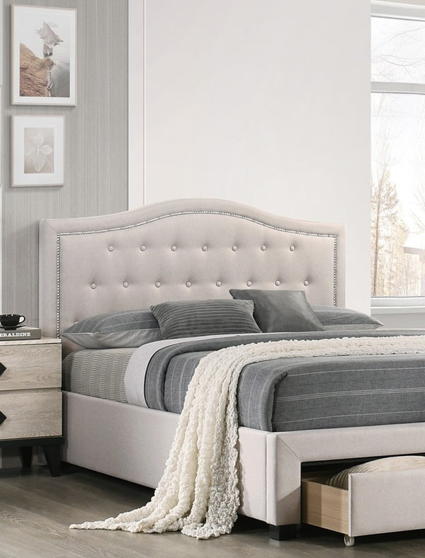 English Elm Light Burlap Upholstered Full Bed with Tufted Arch Headboard and Footboard Storage Drawer Light Brown B011S00709