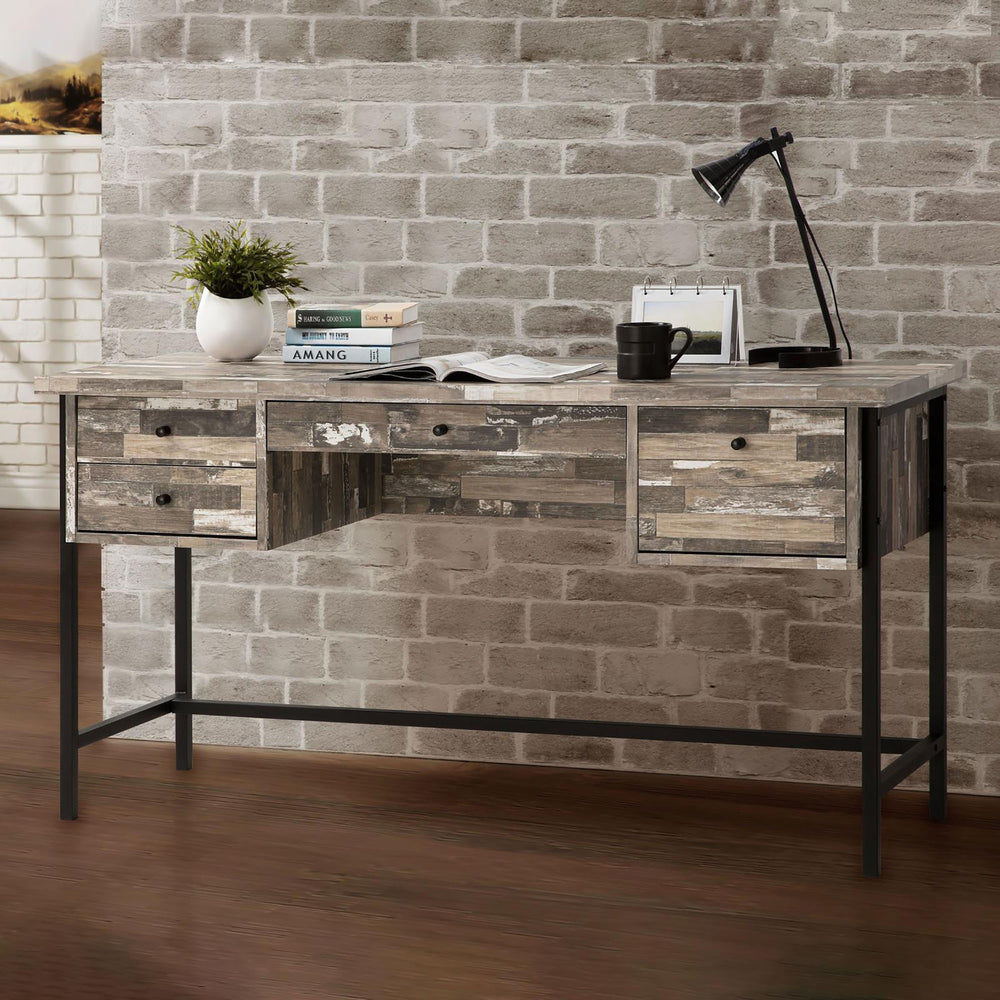 English Elm Salvaged Industrial Writing Desk with 4 Utility Drawers, Salvaged Cabin Wood Top & Metal Frame (60") B062P153864
