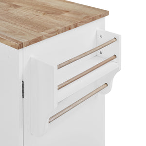 English Elm K&K Rolling Kitchen Island with Rubber Wood Top, 3 Drawers, Slide-Out Shelves & Locking Wheels for Organized Culinary Storage and Mobility White WF316599AAW