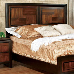 English Elm Transitional Acacia Parquet Queen Bed with Walnut Tone, Solid Wood Frame, Chrome Knob Accents B011S00716