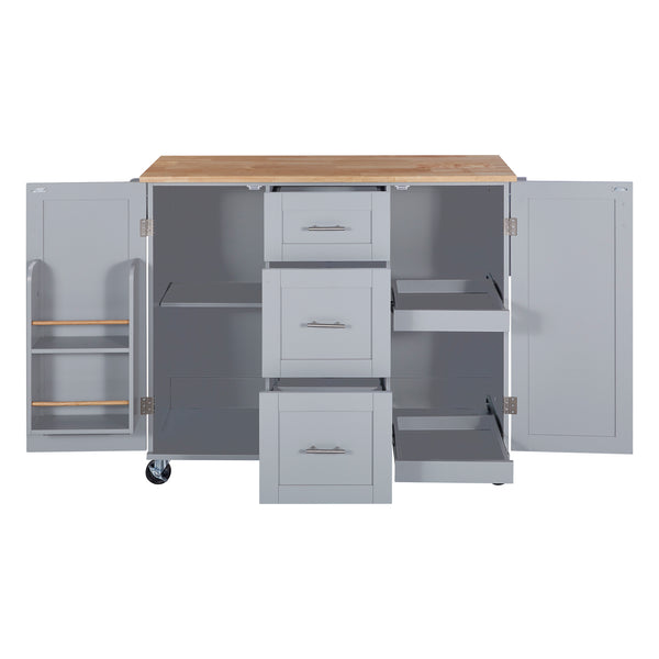 English Elm K&K Rolling Kitchen Island with Rubber Wood Top, 3 Drawers, Slide-Out Shelves & Locking Wheels for Organized Culinary Storage and Mobility Grey-Blue WF316599AAG