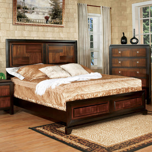 English Elm Transitional Acacia Parquet Queen Bed with Walnut Tone, Solid Wood Frame, Chrome Knob Accents B011S00716