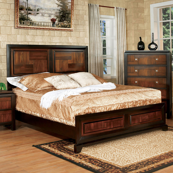 English Elm Transitional Acacia Parquet Queen Bed with Walnut Tone, Solid Wood Frame, Chrome Knob Accents B011S00716