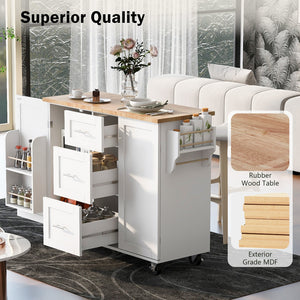 English Elm K&K Rolling Kitchen Island with Rubber Wood Top, 3 Drawers, Slide-Out Shelves & Locking Wheels for Organized Culinary Storage and Mobility White WF316599AAW