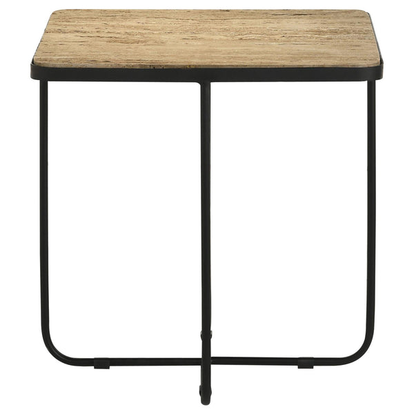 English Elm Travertine Square Accent Table with Matte Black Curved Metal Base — Modern Exotic Display Piece B062P153888