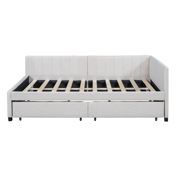 English Elm Full Size Linen Upholstered Daybed with Storage Drawers Sofa Bed for Guest Rooms Beige LP000172AAA-1