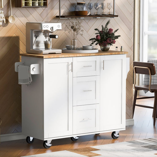 English Elm K&K Rolling Kitchen Island with Rubber Wood Top, 3 Drawers, Slide-Out Shelves & Locking Wheels for Organized Culinary Storage and Mobility White WF316599AAW