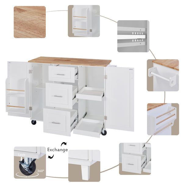 English Elm K&K Rolling Kitchen Island with Rubber Wood Top, 3 Drawers, Slide-Out Shelves & Locking Wheels for Organized Culinary Storage and Mobility White WF316599AAW