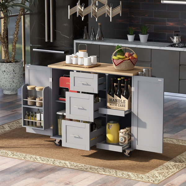 English Elm K&K Rolling Kitchen Island with Rubber Wood Top, 3 Drawers, Slide-Out Shelves & Locking Wheels for Organized Culinary Storage and Mobility Grey-Blue WF316599AAG