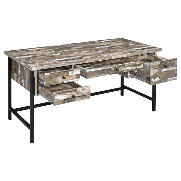 English Elm Salvaged Industrial Writing Desk with 4 Utility Drawers, Salvaged Cabin Wood Top & Metal Frame (60") B062P153864