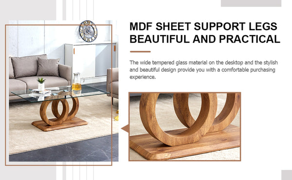 English Elm A Modern Glass Top Coffee Table with Wood Grain Legs for Living Room Decor W1151140296