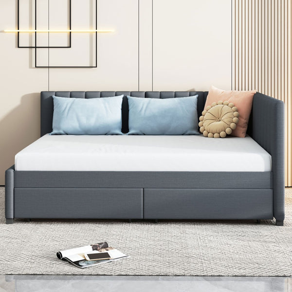 English Elm Full Size Linen Upholstered Daybed with Storage Drawers Sofa Bed for Guest Rooms Gray LP000172AAE-1