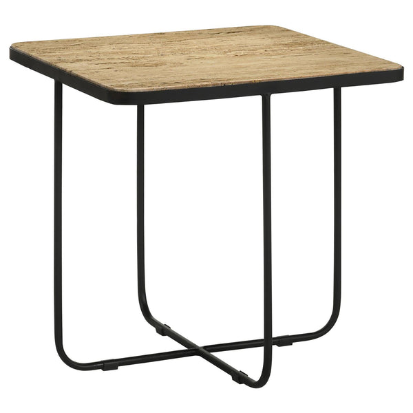 English Elm Travertine Square Accent Table with Matte Black Curved Metal Base — Modern Exotic Display Piece B062P153888
