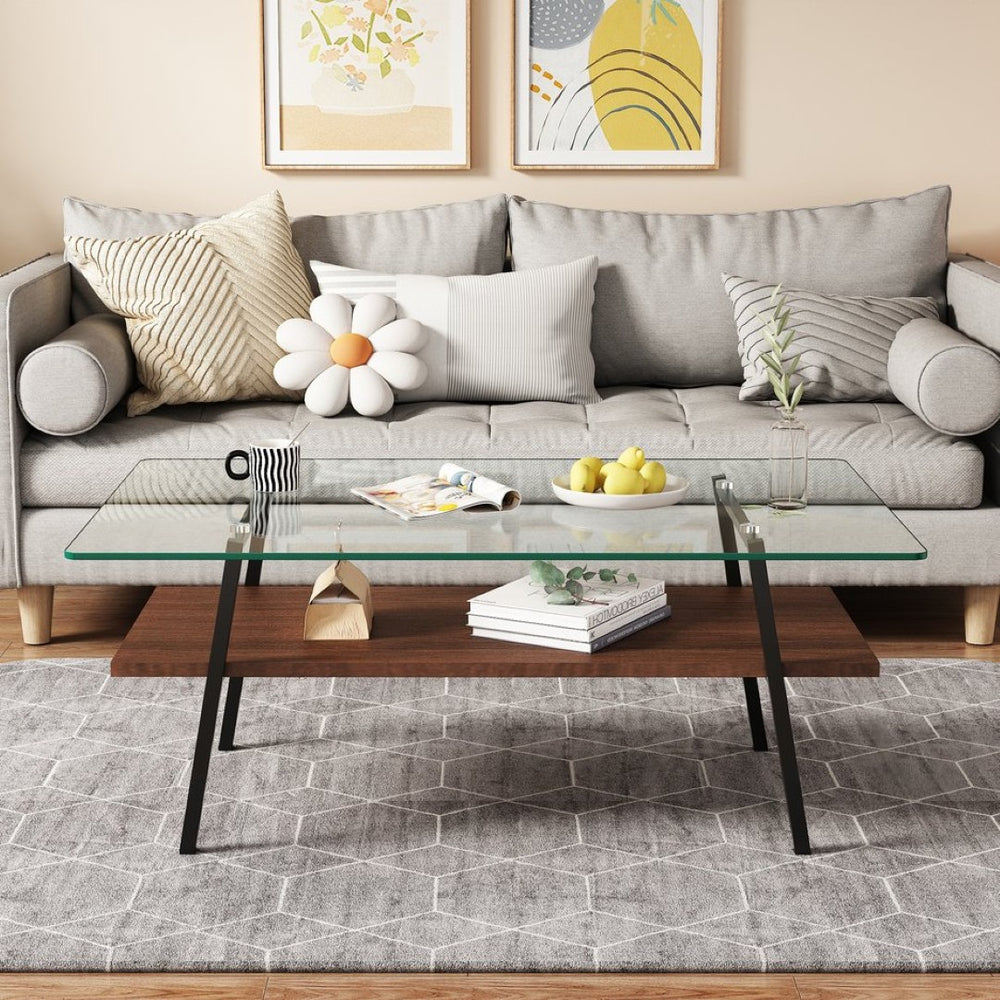 English Elm Rectangle Tempered Glass Coffee Table with Black Iron Legs and Mdf Shelf Modern W241126031