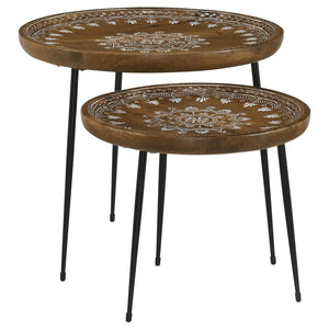 English Elm Honey Natural Mango 2-Piece Nesting Tables with Gunmetal Iron Frame, Round Tiered Accent Tables for Living Room Decor B062P153891