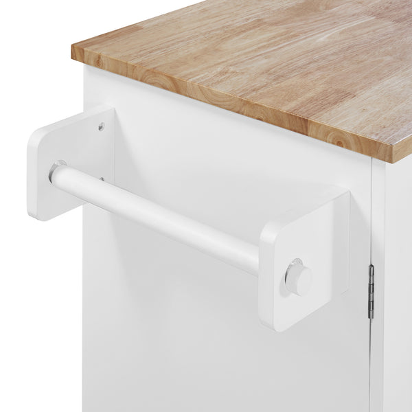 English Elm K&K Rolling Kitchen Island with Rubber Wood Top, 3 Drawers, Slide-Out Shelves & Locking Wheels for Organized Culinary Storage and Mobility White WF316599AAW