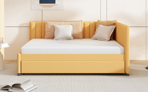 English Elm Full Size Linen Upholstered Daybed with Roll Out Trundle for Guest Rooms Yellow LP000173AAL