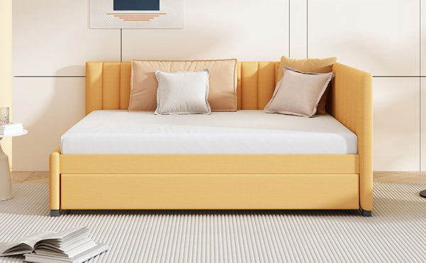 English Elm Full Size Linen Upholstered Daybed with Roll Out Trundle for Guest Rooms Yellow LP000173AAL