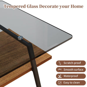 English Elm Rectangle Tempered Glass Coffee Table with Black Iron Legs and Mdf Shelf Modern W241126034