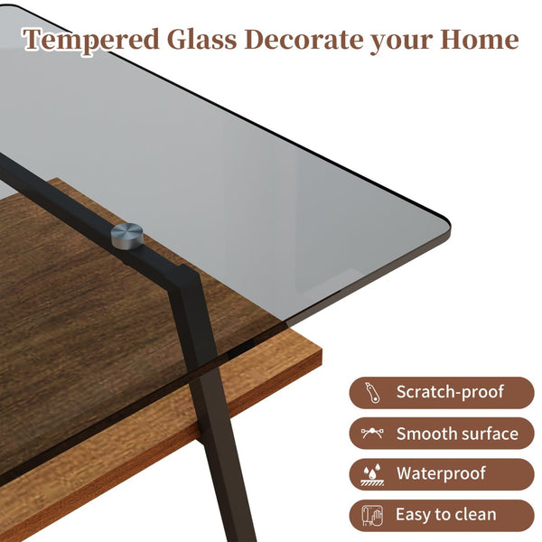 English Elm Rectangle Tempered Glass Coffee Table with Black Iron Legs and Mdf Shelf Modern W241126034