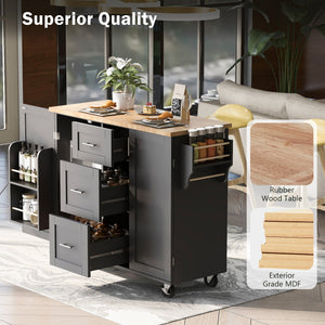 English Elm K&K Rolling Kitchen Island with Rubber Wood Top, 3 Drawers, Slide-Out Shelves & Locking Wheels for Organized Culinary Storage and Mobility Black WF316599AAB