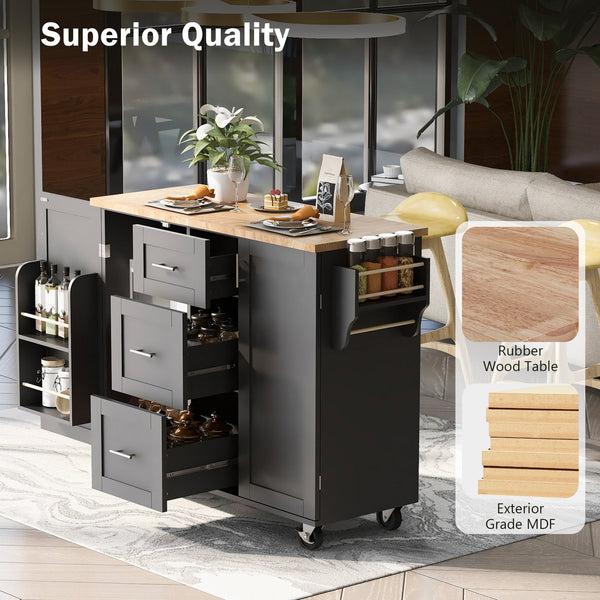 English Elm K&K Rolling Kitchen Island with Rubber Wood Top, 3 Drawers, Slide-Out Shelves & Locking Wheels for Organized Culinary Storage and Mobility Black WF316599AAB